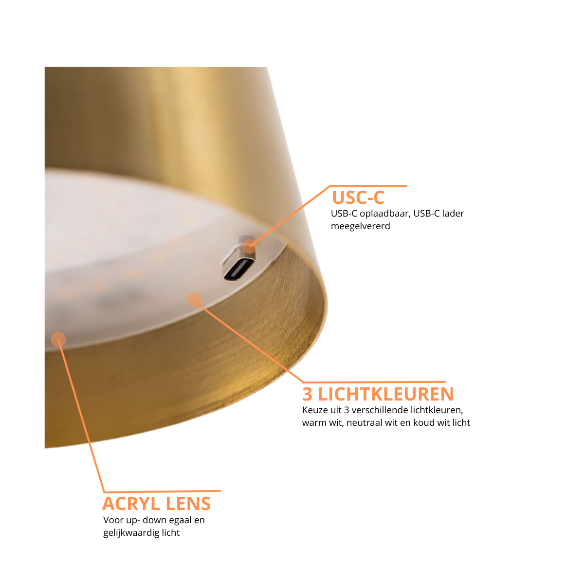 Lampe de table rechargeable - Intensité réglable - Étanche - 26 cm - Or - Norme néerlandaise