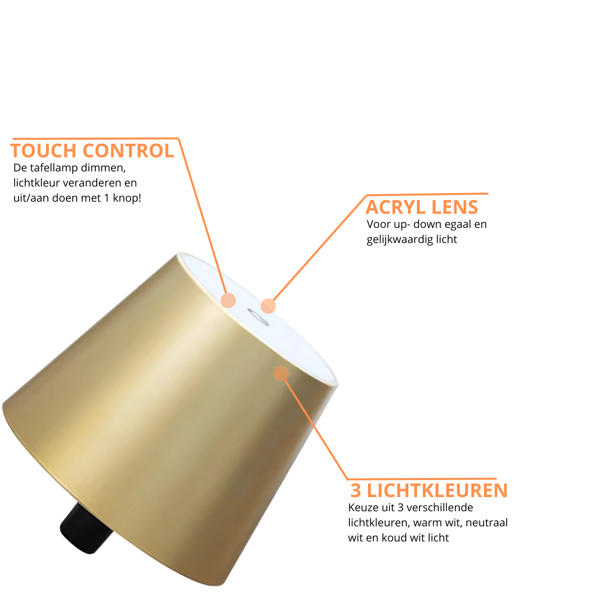 Lot de 2 lampes rechargeables pour bouteilles - Lampe de table à intensité variable - Aluminium - Doré - Norme néerlandaise