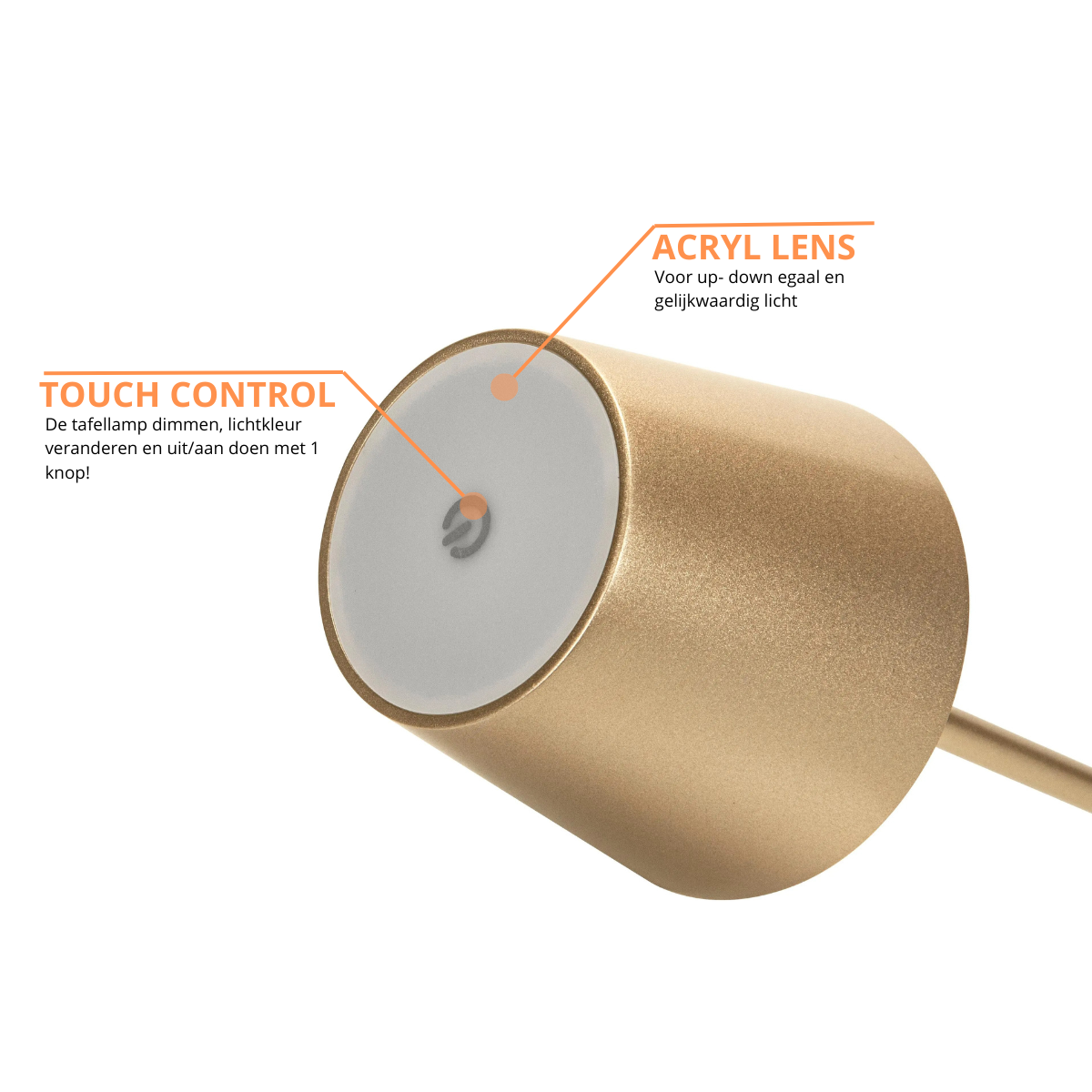 Lampe de table rechargeable - Intensité réglable - Étanche - 26 cm - Or - Norme néerlandaise