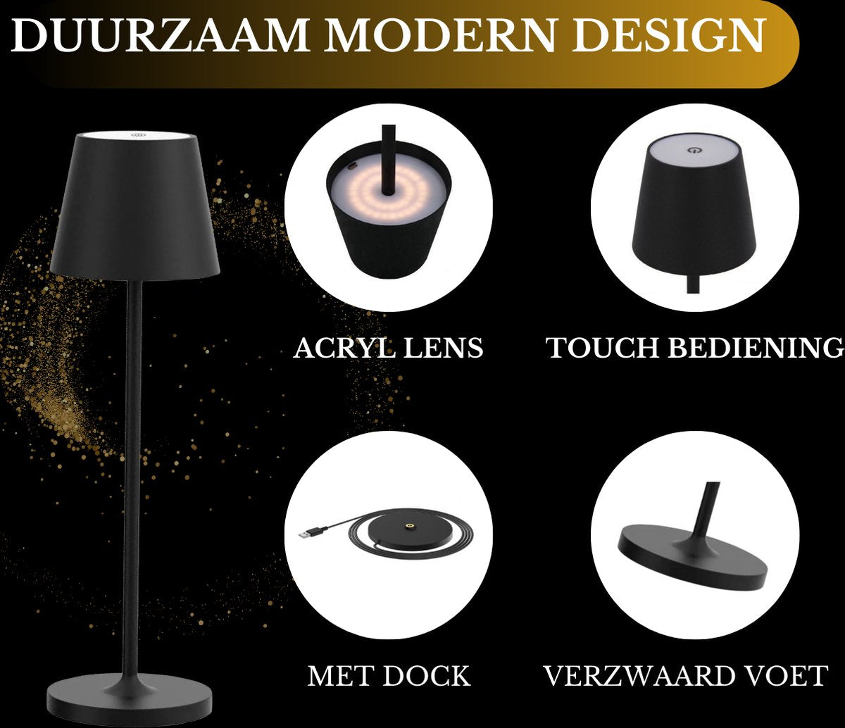 Lampe de table rechargeable noire étanche avec station d'accueil, intensité variable, 38 cm