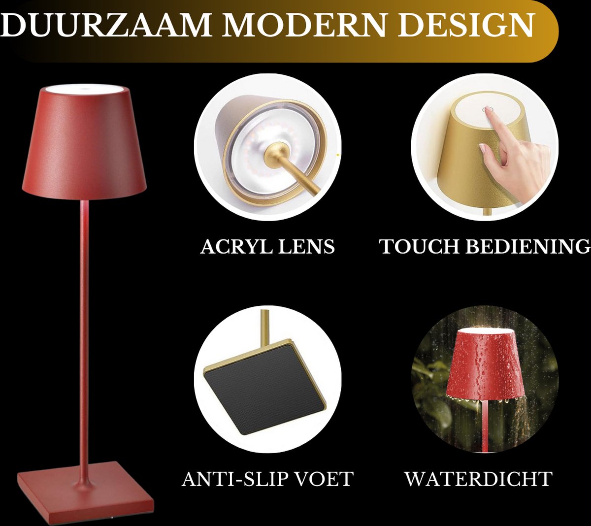 Lampe de table rechargeable rouge étanche, lampe de bureau à intensité variable, 38 cm