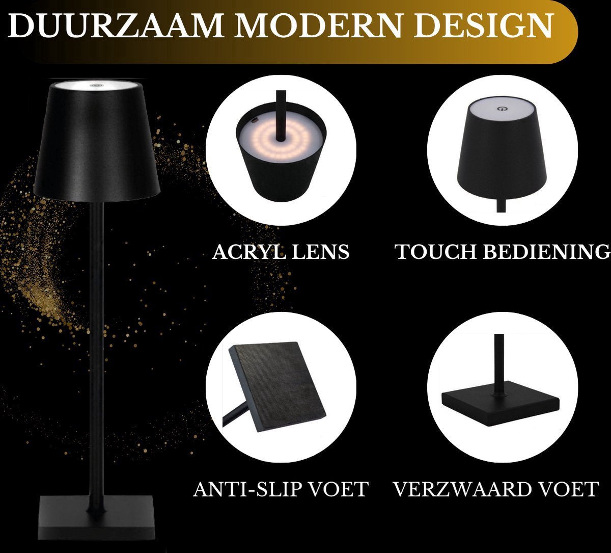 Lampe de table rechargeable noire étanche, lampe de bureau à intensité variable, 38 cm (lot de 6)