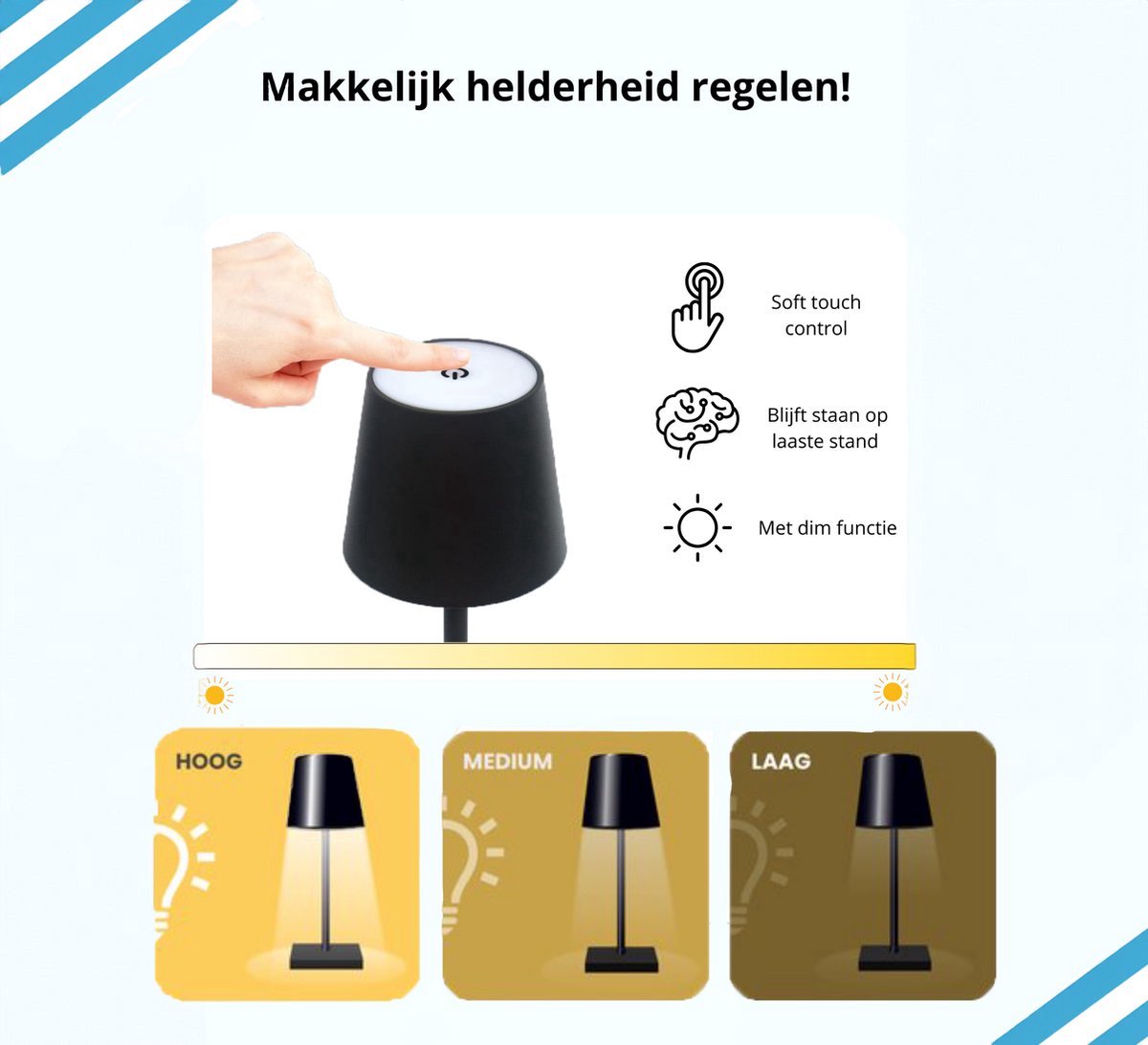 Oplaadbare Tafellamp Zwart Bureaulamp Dimbaar 26CM 2 stuks