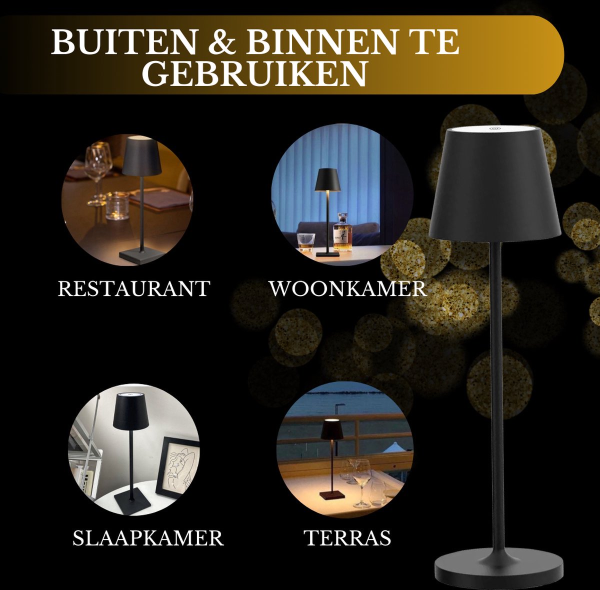 Lampe de table rechargeable noire étanche avec station d'accueil, intensité variable, 38 cm