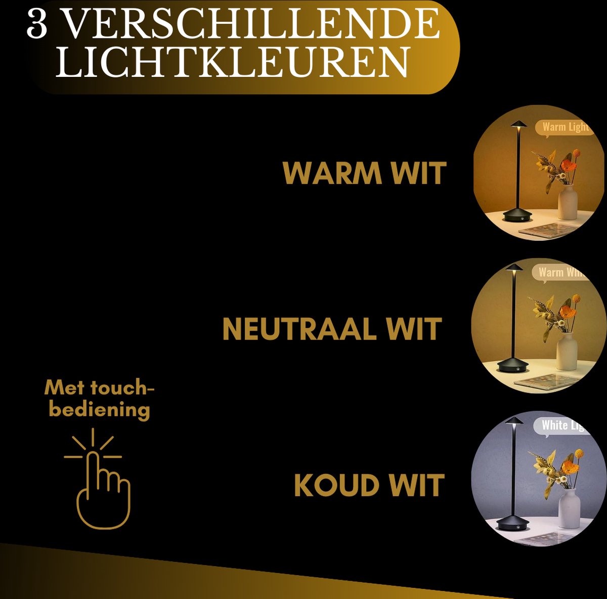 Lampe de table rechargeable - Intensité réglable - Étanche - 29 cm - Noire - Norme néerlandaise