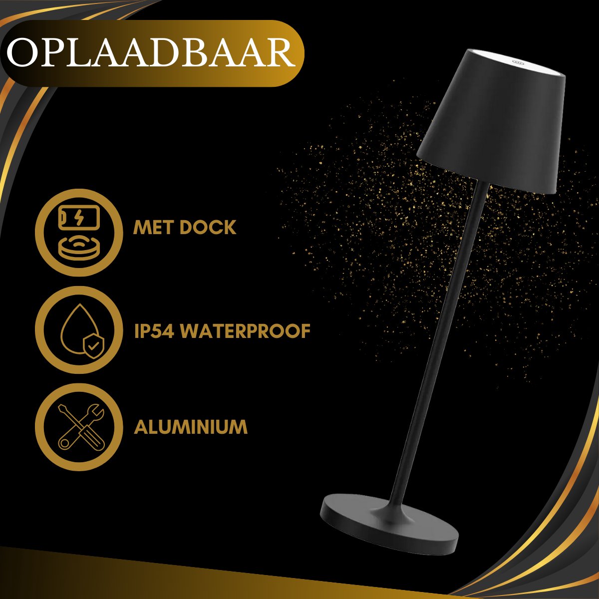 Lampe de table rechargeable noire étanche avec station d'accueil, intensité variable, 38 cm