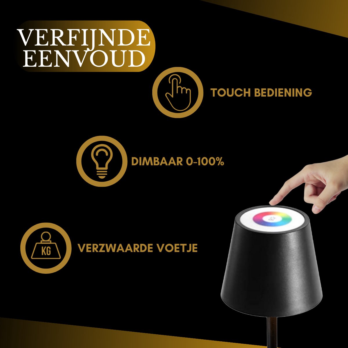 Lampe de table rechargeable - RGBWW - Intensité réglable - Étanche - 38 cm - Noire - Norme néerlandaise