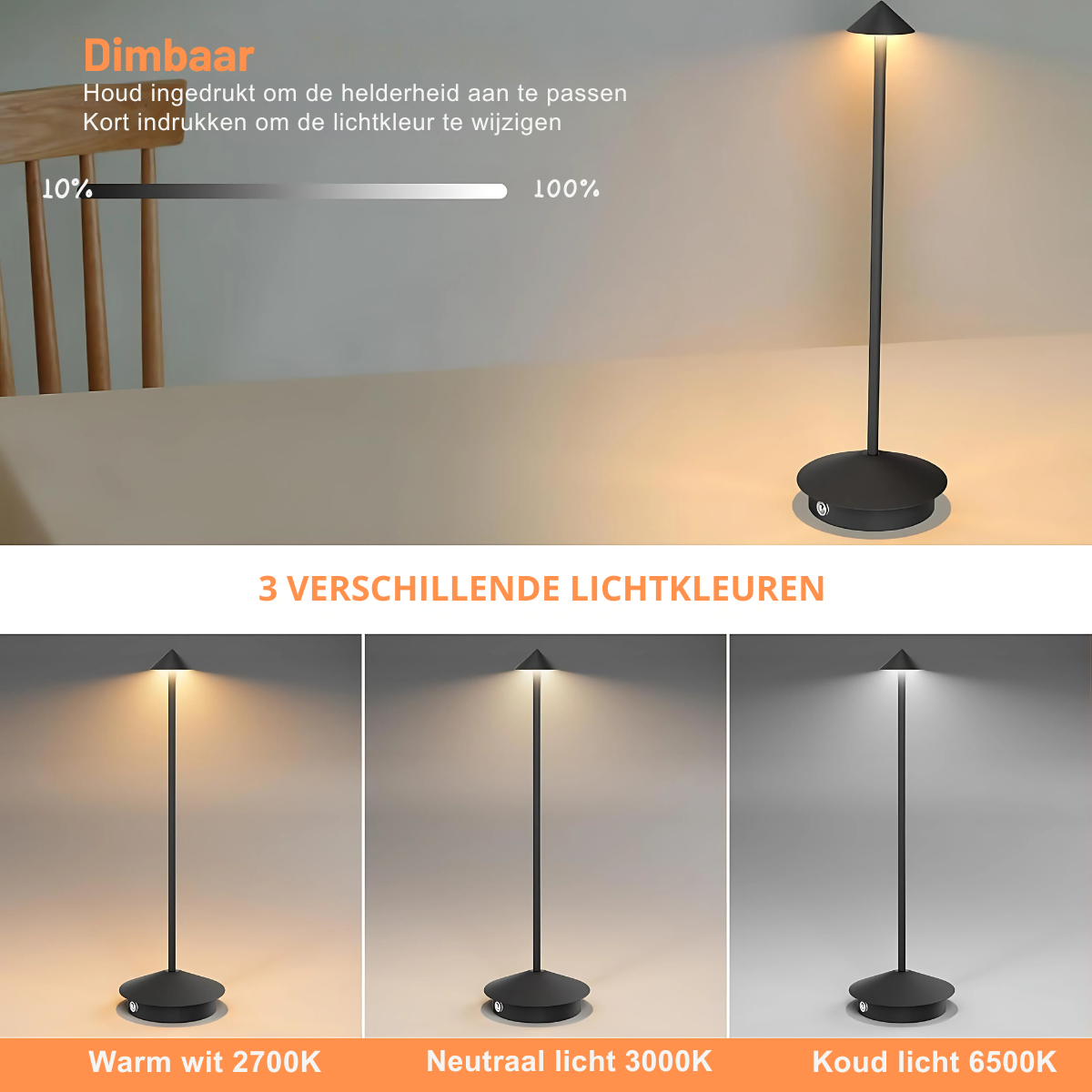Lampe de table rechargeable - Intensité réglable - Étanche - 29 cm - Noire - Norme néerlandaise