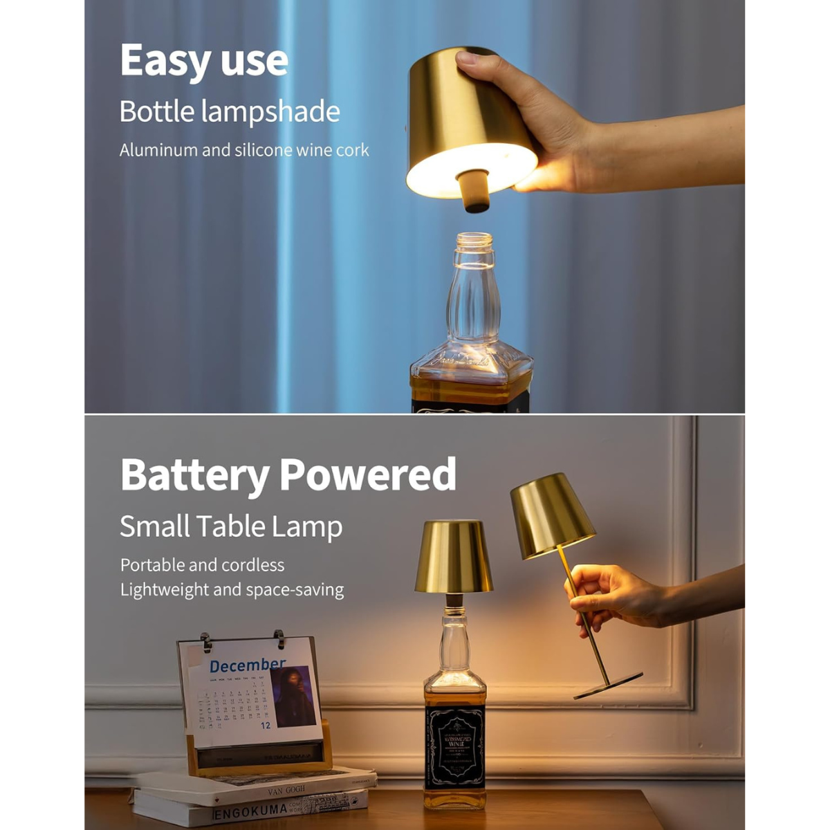 Lot de 2 lampes rechargeables pour bouteilles - Lampe de table à intensité variable - Aluminium - Doré - Norme néerlandaise