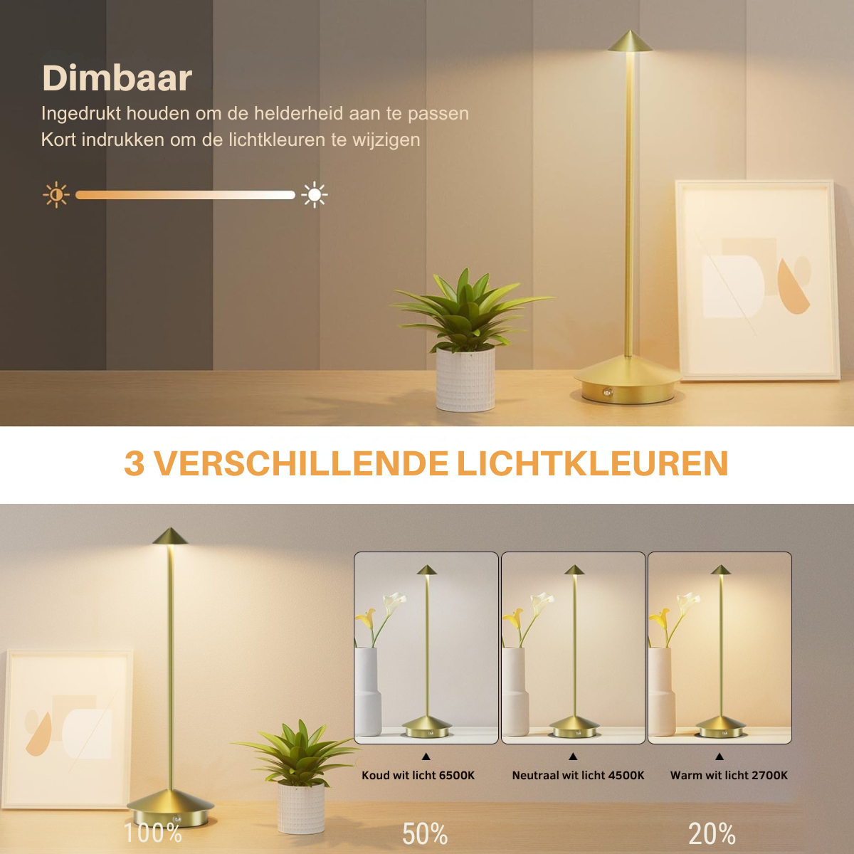 Lot de 2 lampes de table rechargeables, à intensité variable, étanches, 29 cm, dorées, conformes aux normes néerlandaises.
