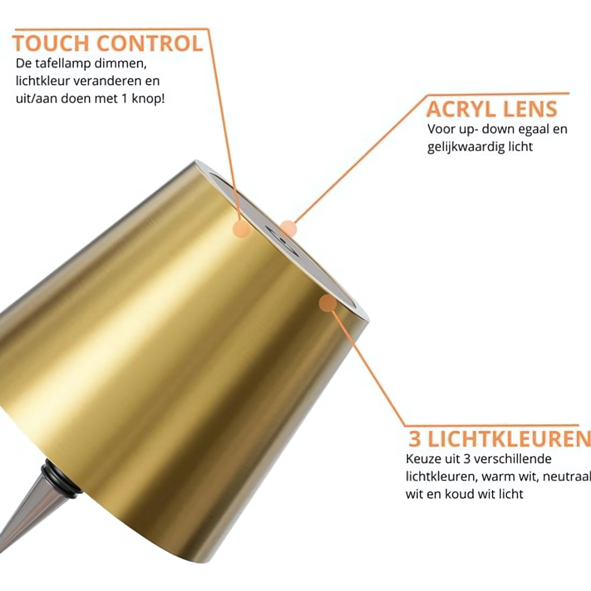 Lot de 2 lampes rechargeables pour bouteilles - Lampe de table à intensité variable - Aluminium - Étanche - Doré - Norme néerlandaise