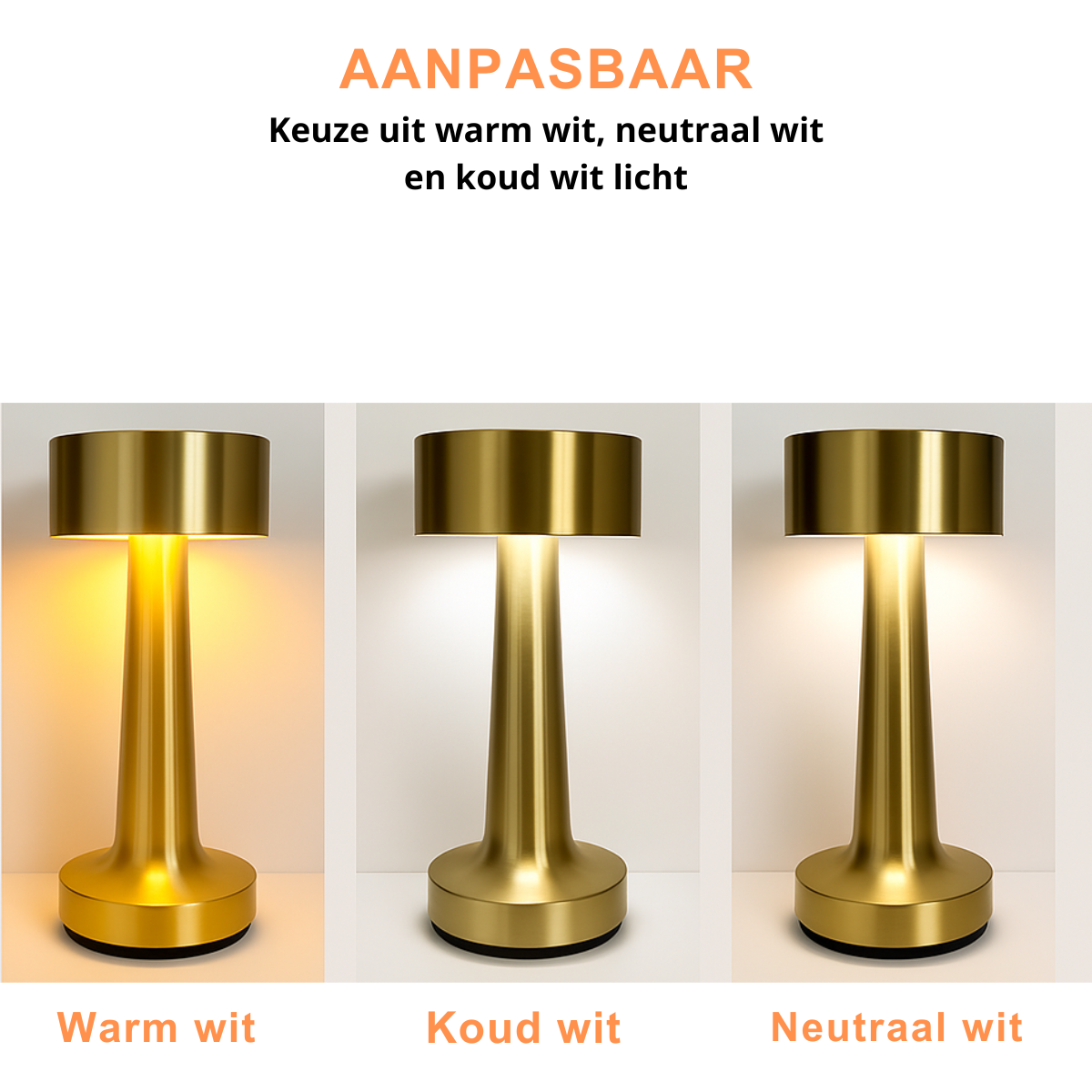 Lot de 2 lampes de table rechargeables, à intensité variable, étanches, 21 cm, dorées, conformes aux normes néerlandaises.