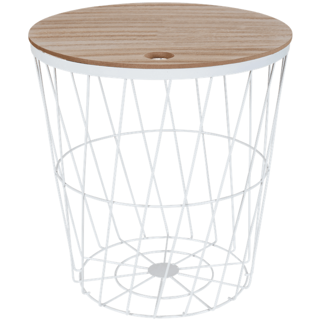 Panier métallique avec couvercle, table d'appoint blanche, L