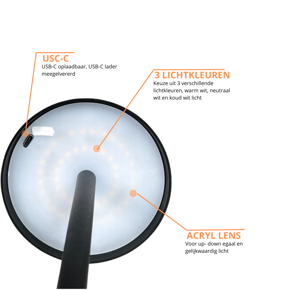 Oplaadbare Tafellamp - Dimbaar - Waterdicht - 26CM - Zwart - Dutch Standard