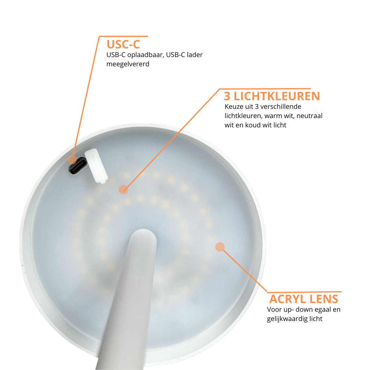 Oplaadbare Tafellamp - Dimbaar - Waterdicht - 38CM - Wit- Dutch Standard