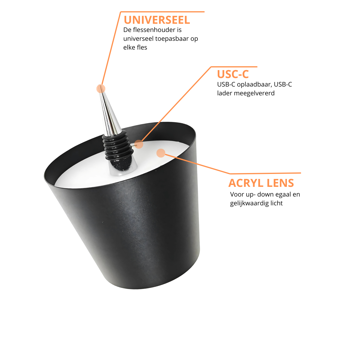 Lampe bouteille rechargeable - Lampe de table à intensité variable - Aluminium - Étanche - Noir - Norme néerlandaise