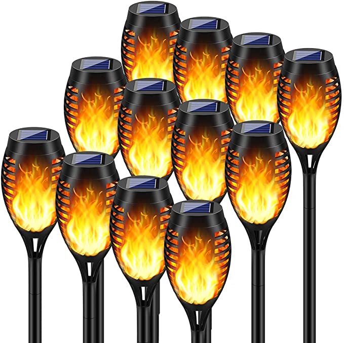Lot de 12 torches solaires de jardin noires de 50 cm avec effet flamme, éclairage extérieur pour jardin et allée, IP65