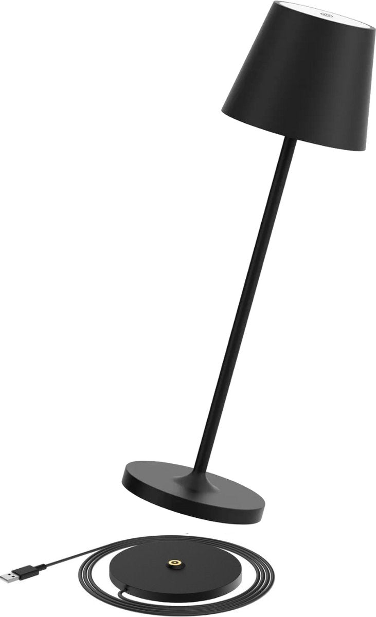 Lampe de table rechargeable noire étanche avec station d'accueil, intensité variable, 38 cm