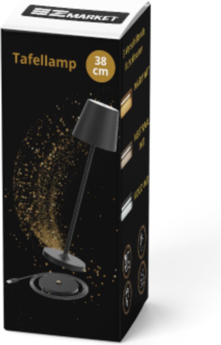 Lampe de table rechargeable noire étanche avec station d'accueil, intensité variable, 38 cm
