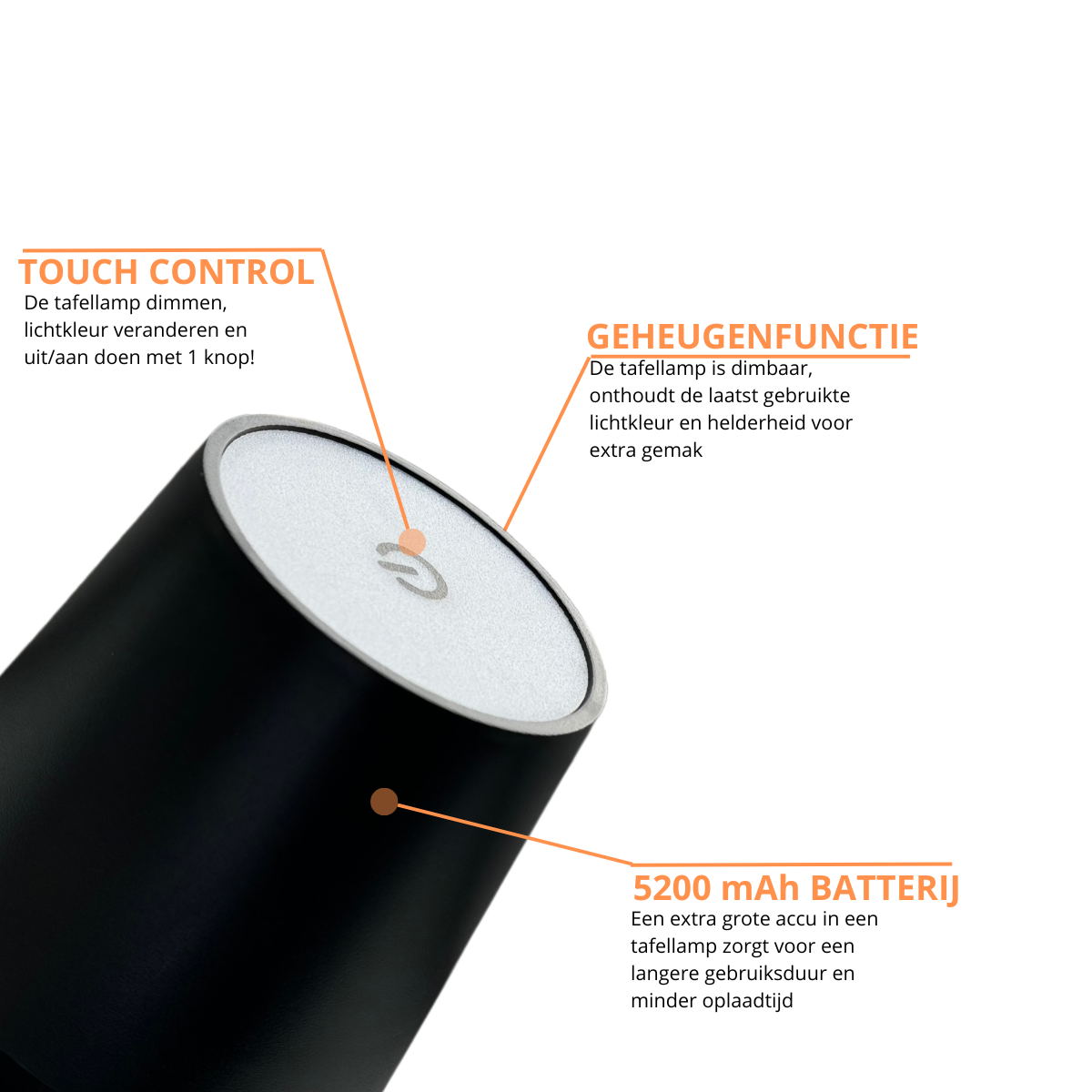 Oplaadbare Tafellamp - Dimbaar - Waterdicht - 26CM - Zwart - Dutch Standard