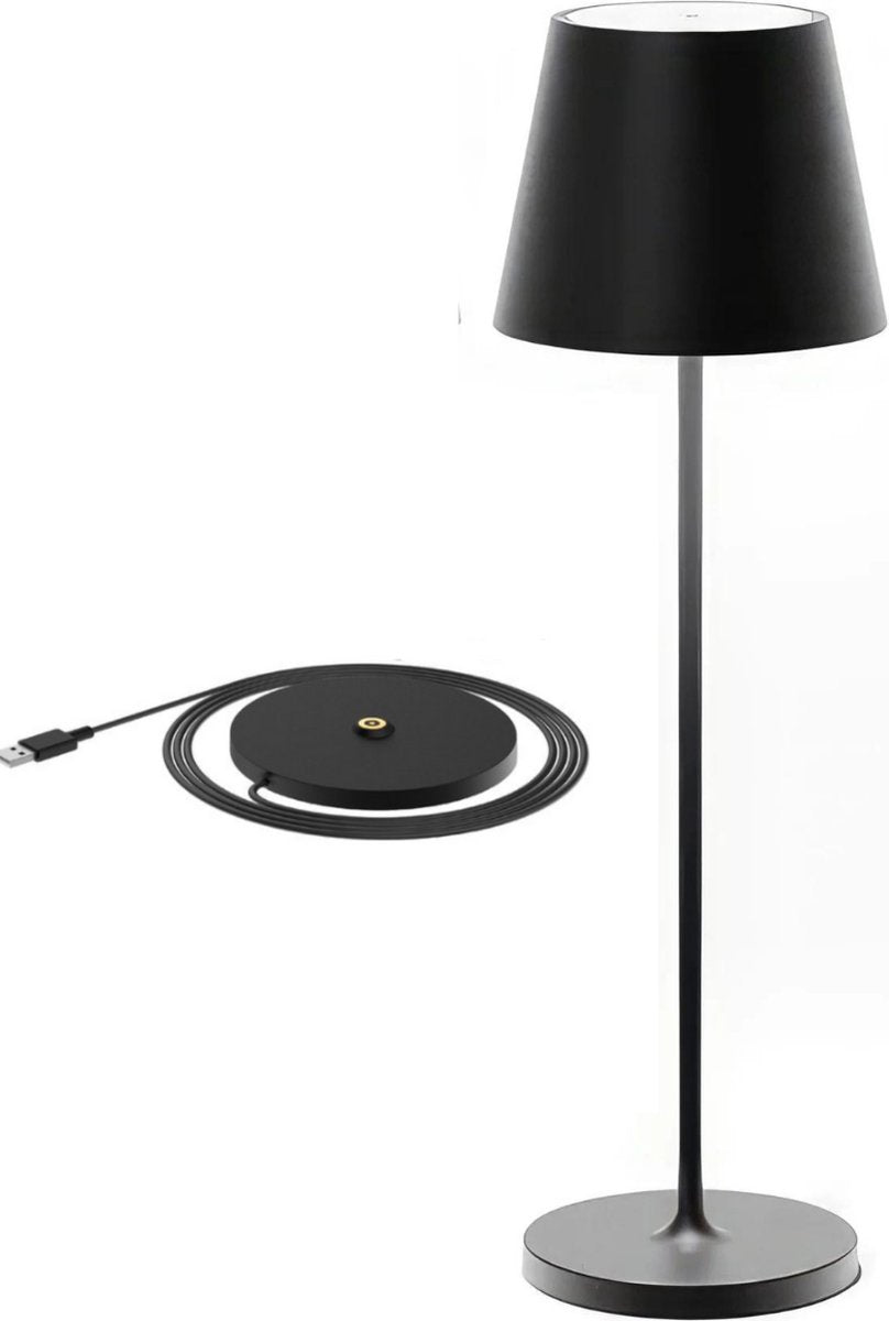 Lampe de table rechargeable noire étanche avec station d'accueil, intensité variable, 38 cm