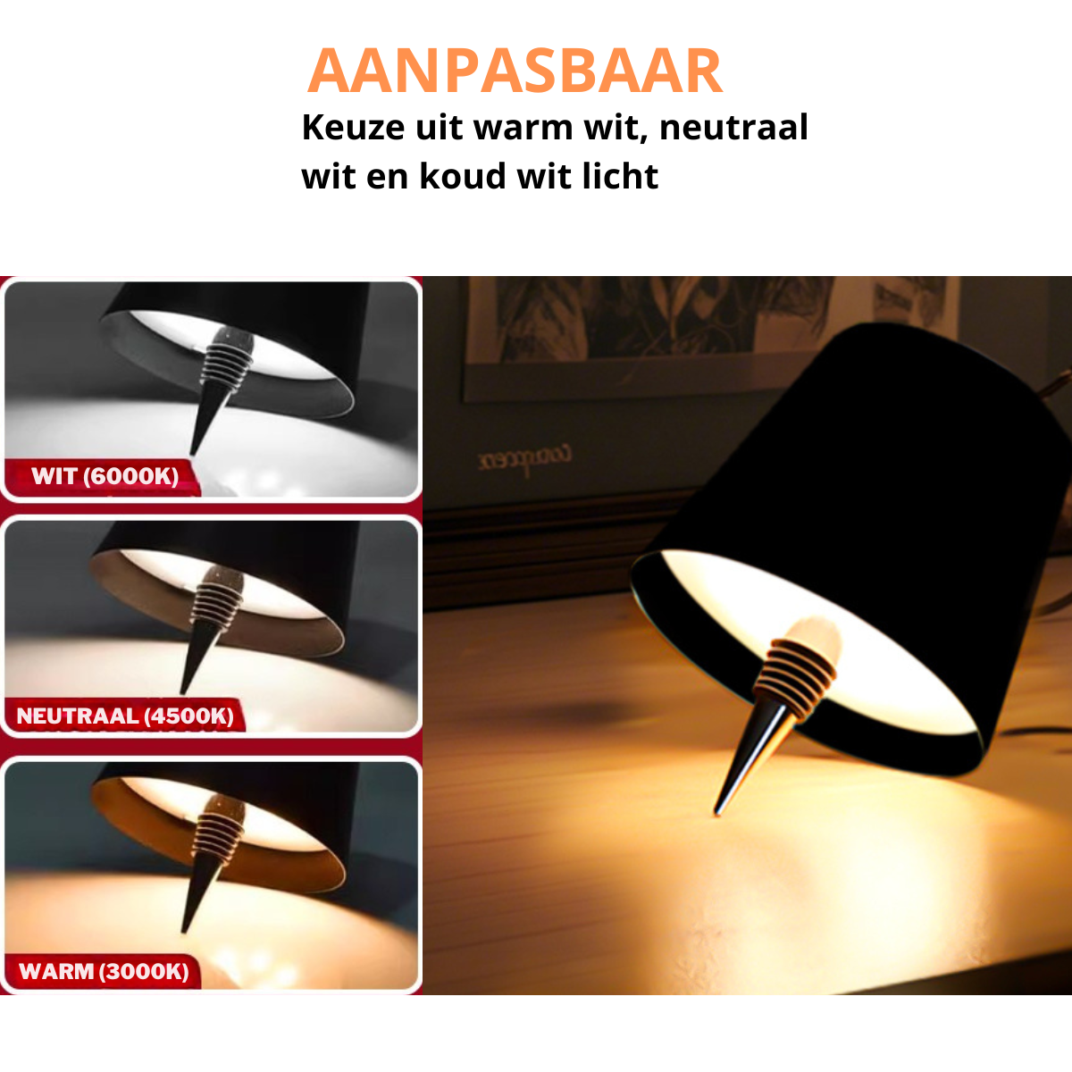 Lampe bouteille rechargeable - Lampe de table à intensité variable - Aluminium - Étanche - Noir - Norme néerlandaise