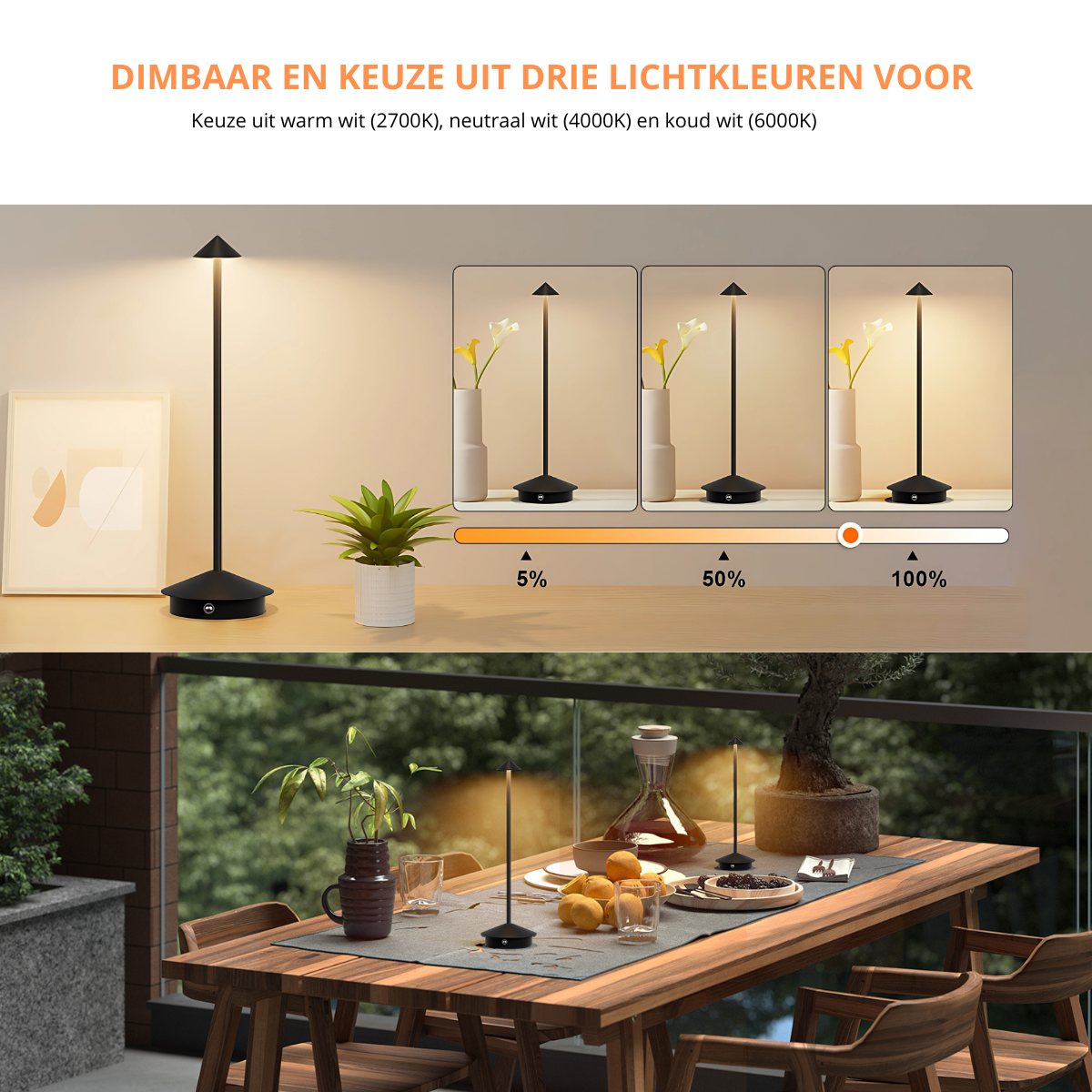 Lampe de table rechargeable - Intensité réglable - Étanche - 29 cm - Noire - Norme néerlandaise
