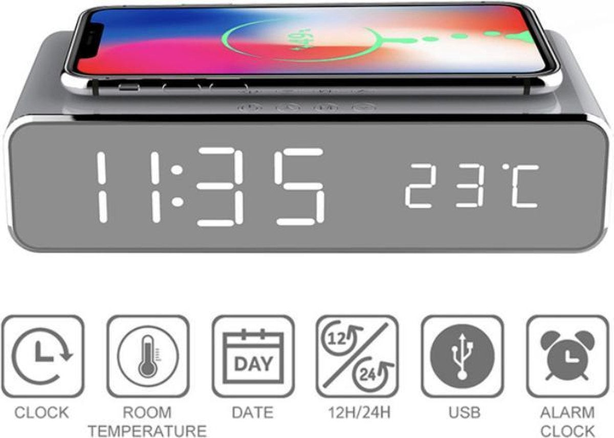 Digitaler Wecker mit kabelloser Ladefunktion (Qi-Ladegerät), Datums- und Zeitanzeige, silber