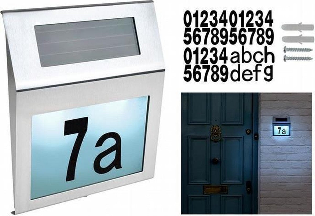 LED Buitenlamp Zonne-Energie RVS Met Huisnummer