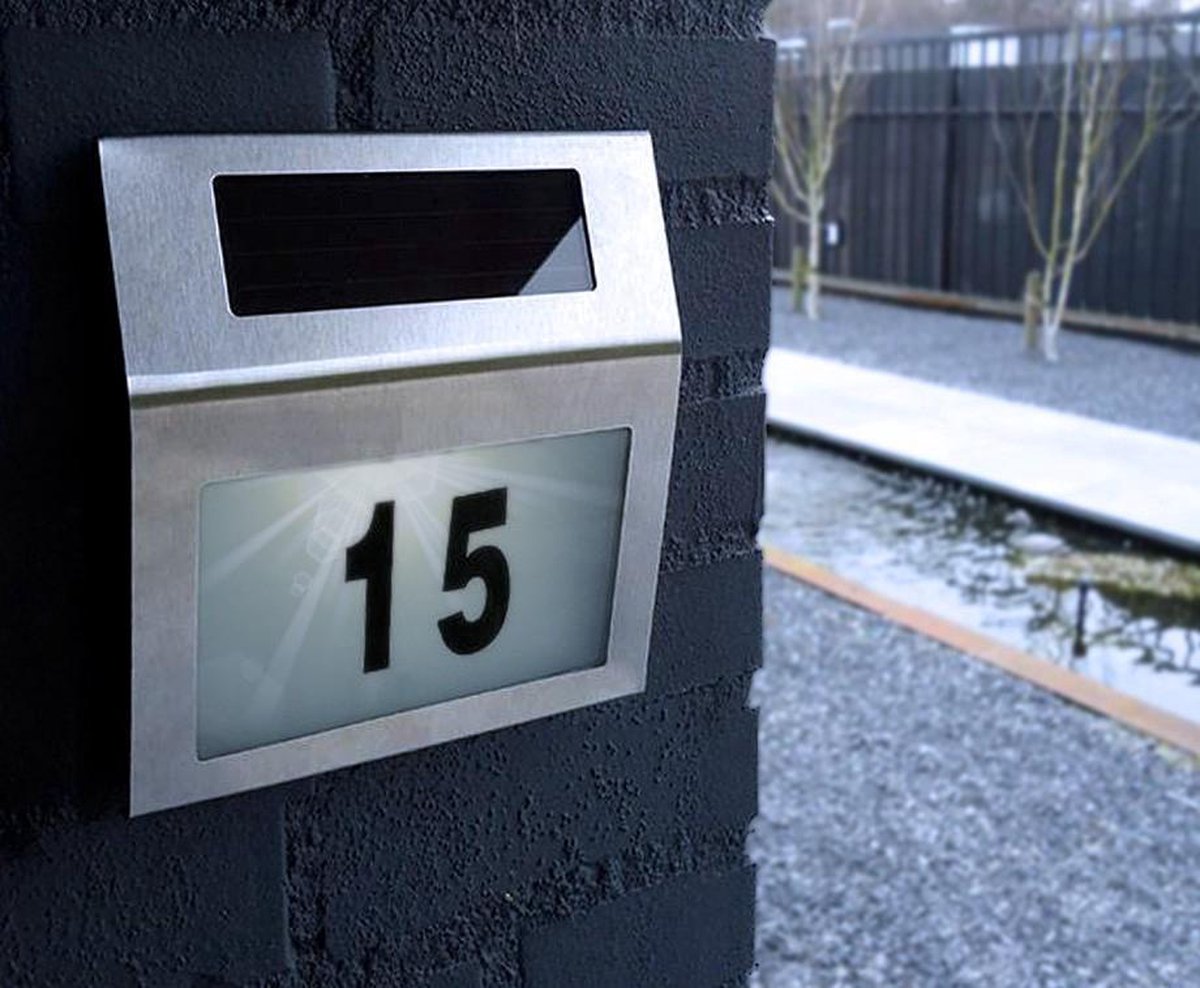 LED Buitenlamp Zonne-Energie RVS Met Huisnummer