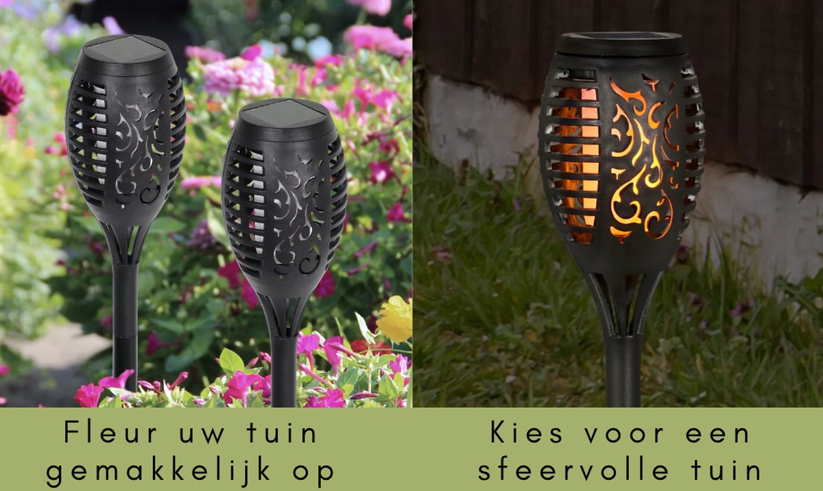 Torches solaires de jardin noires 50 cm à effet flamme pour éclairage extérieur de jardin et d'allée, IP65