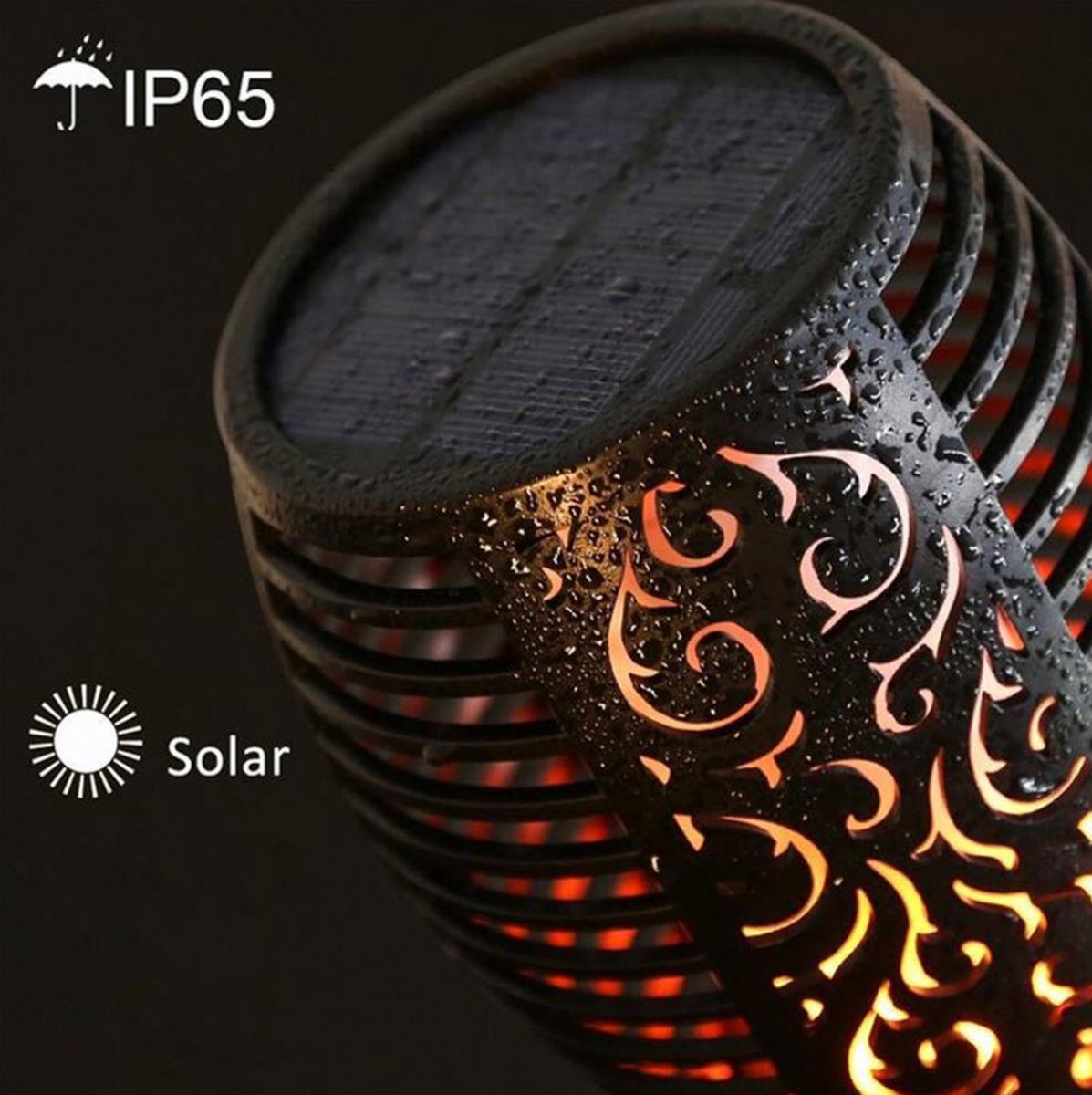 Torches solaires de jardin noires 50 cm à effet flamme pour éclairage extérieur de jardin et d'allée, IP65