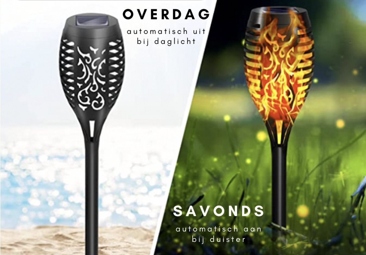 Solar Tuinfakkels zwart 4 stuks 50 cm vlam-effekt tuin en padverlichting buitenverlichting op zonneenergie IP65