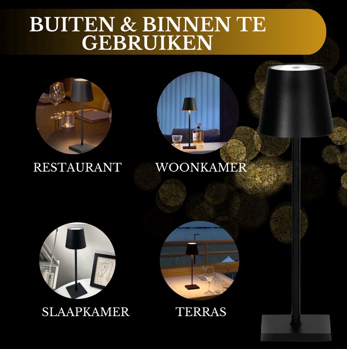 Lampe de table rechargeable noire étanche, lampe de bureau à intensité variable, 38 cm (lot de 6)