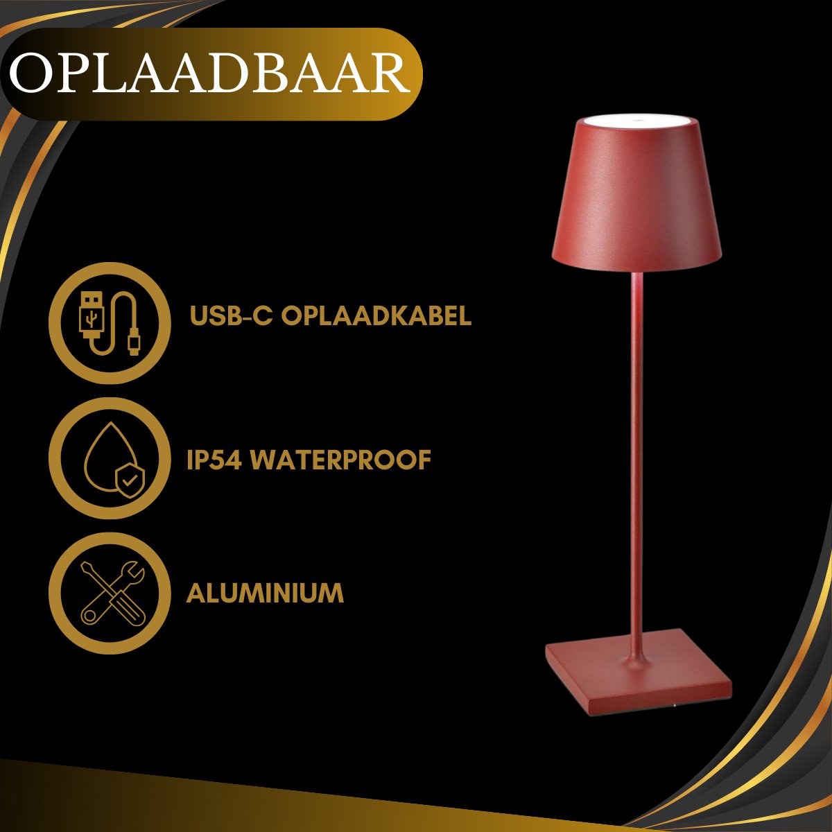 Lampe de table rechargeable rouge étanche, lampe de bureau à intensité variable, 38 cm