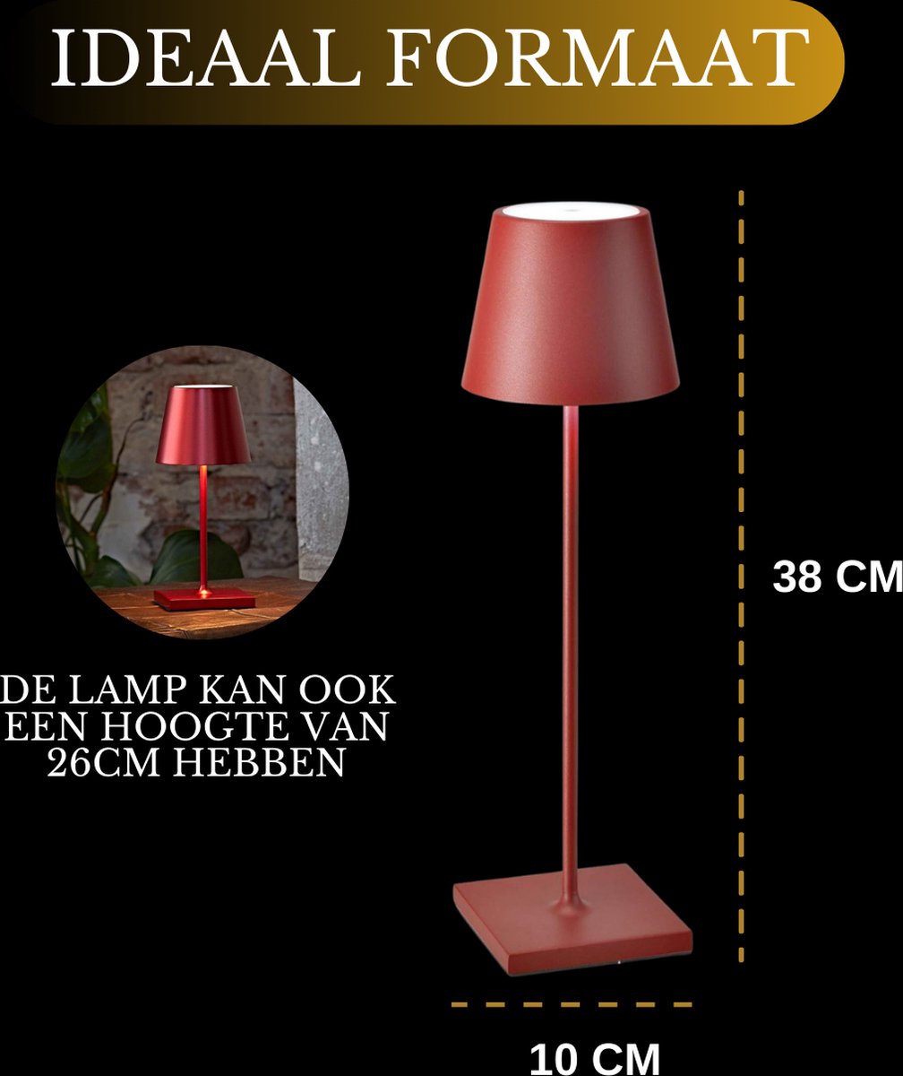 Lampe de table rechargeable rouge étanche, lampe de bureau à intensité variable, 38 cm
