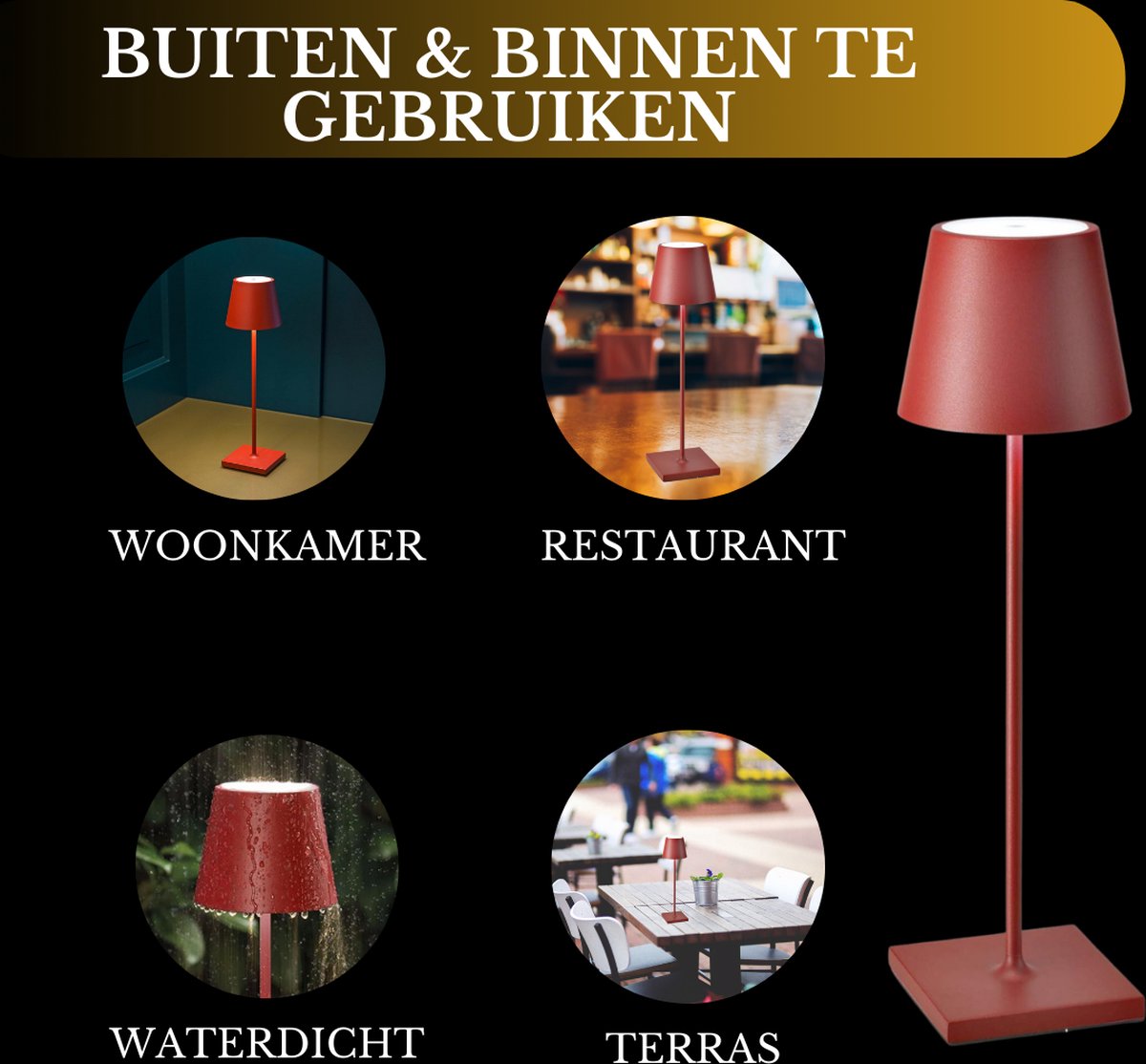 Lampe de table rechargeable rouge étanche, lampe de bureau à intensité variable, 38 cm