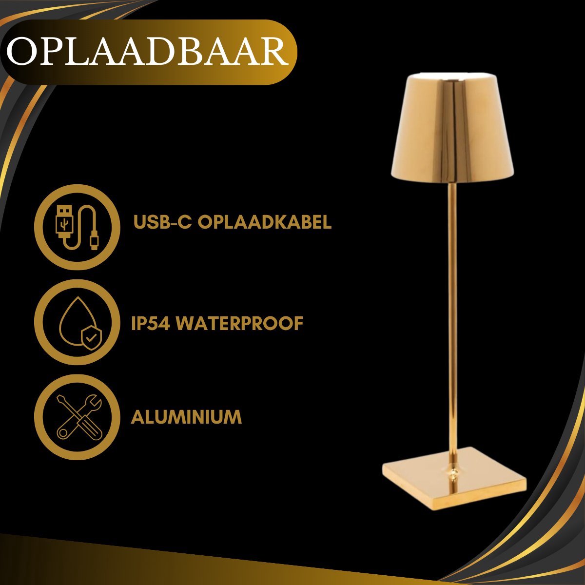 Lampe de table rechargeable dorée, étanche, à intensité variable, 38 cm (lot de 6)