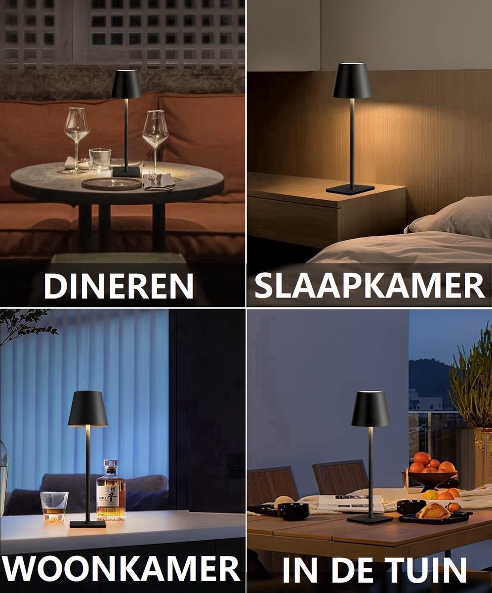 Lampe de table rechargeable noire étanche, lampe de bureau à intensité variable, 38 cm (lot de 6)