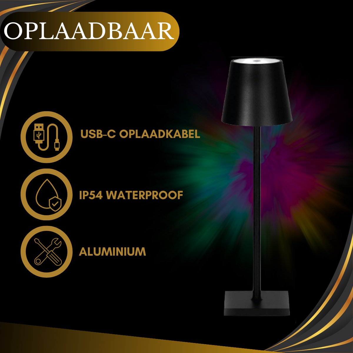 Oplaadbare Tafellamp - RGBWW - Dimbaar - Waterdicht - 38CM - Zwart - Dutch Standard