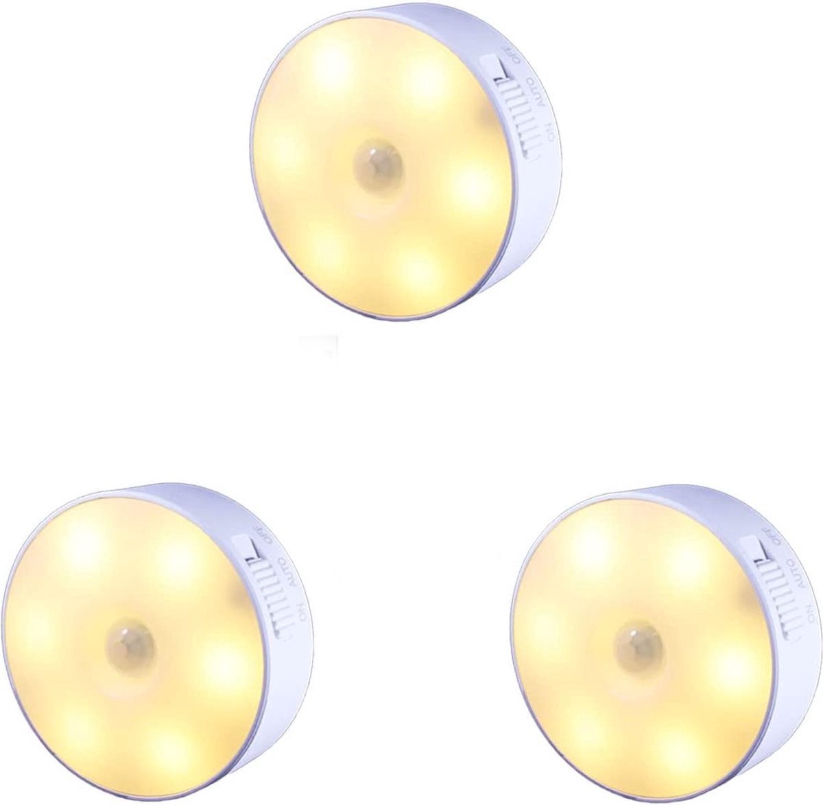 3 Stuks Led verlichting met bewegingssensor Ø8,5 CM Wit Kastverlichting Op batterijen Trapverlichting Keukenverlichting
