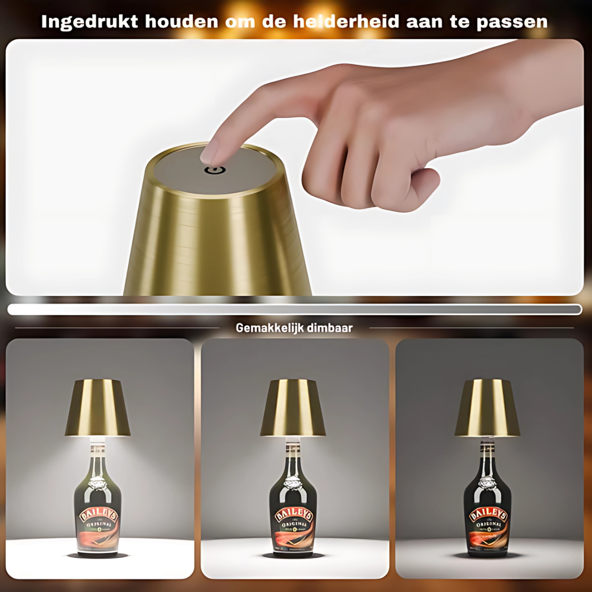 2 Stuks - Oplaadbare Flessenlamp - Dimbare Tafellamp - Aluminium - Goud - Dutch Standard