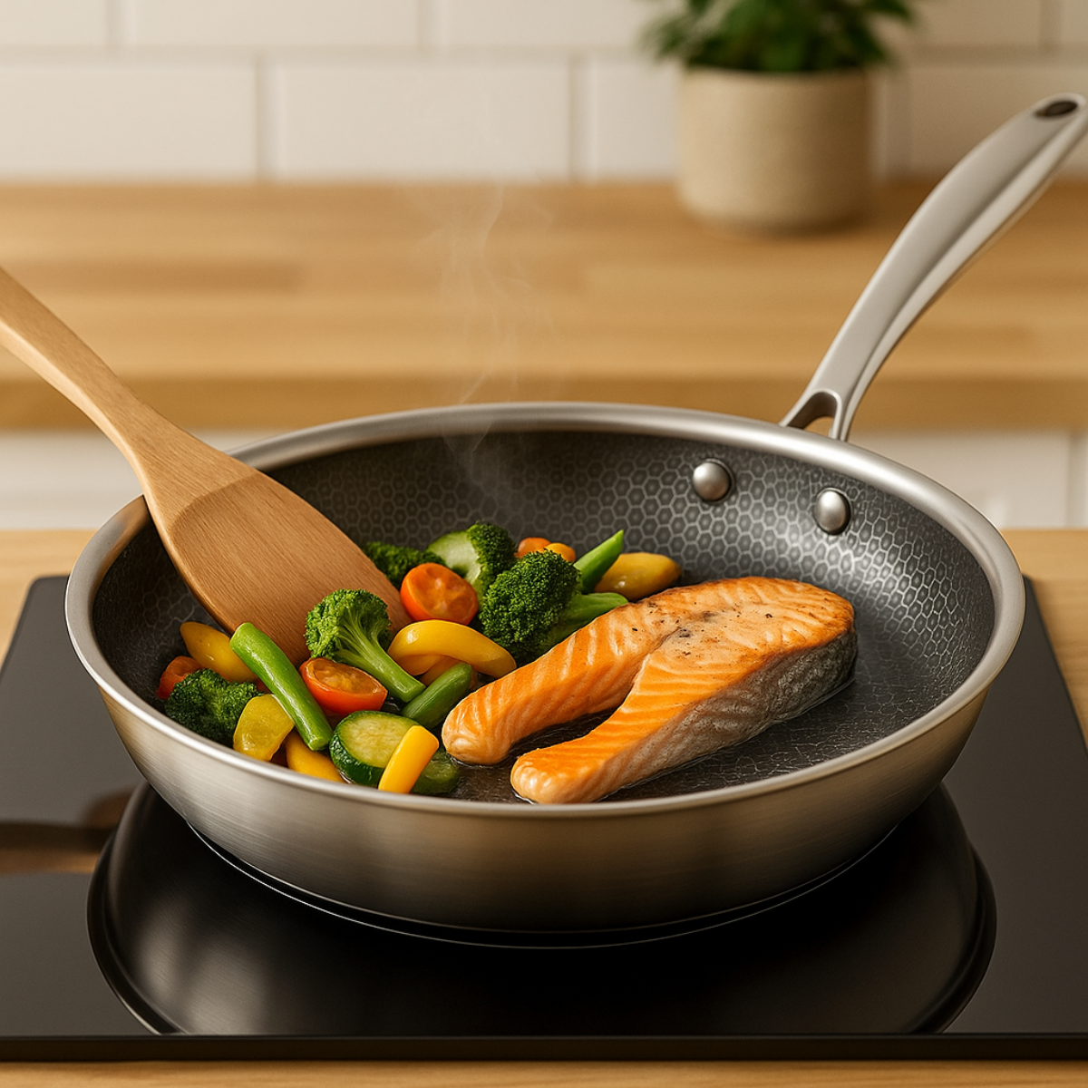 Wok en Koekenpannenset 2-delig 28cm - Antiaanbak - PFAS vrij - Zwart- RVS - Daimond PRO