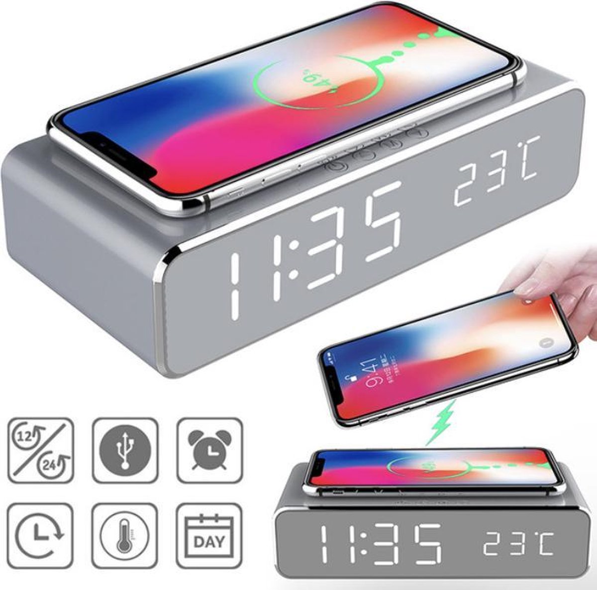 Digitale wekker Met Draadloze Oplader Qi charger Datum en tijd Zilver