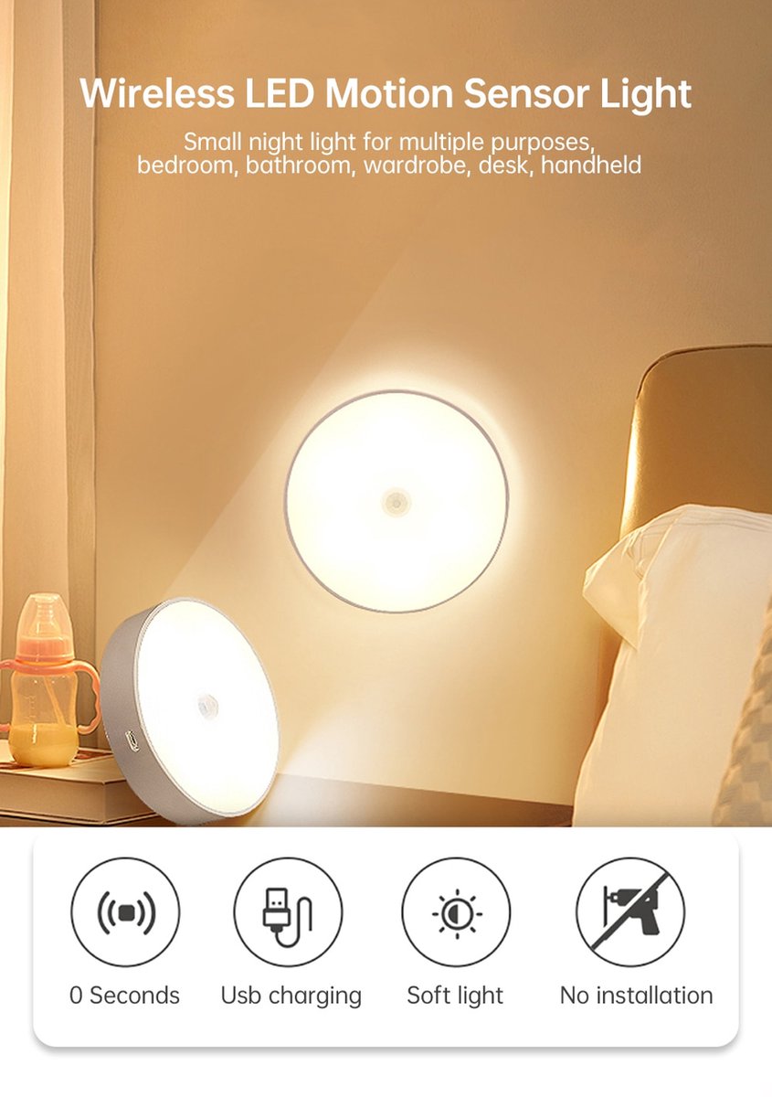 Led verlichting met bewegingssensor Ø8,5 CM Wit Kastverlichting Oplaadbaar Trapverlichting Keukenverlichting
