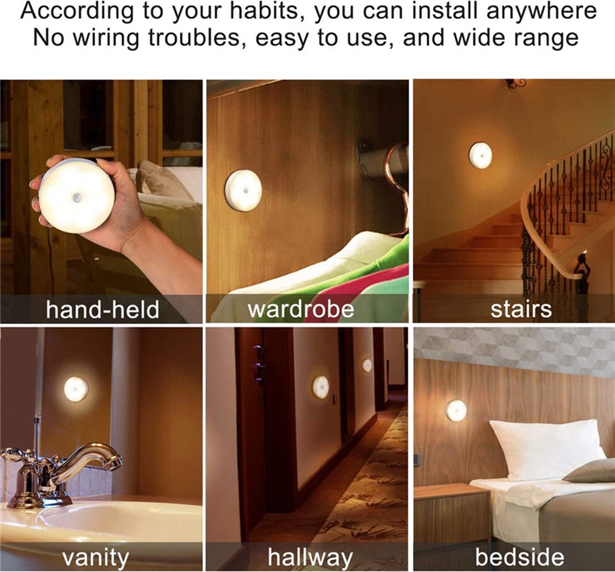 3 Stuks Led verlichting met bewegingssensor Ø8,5 CM Wit Kastverlichting Op batterijen Trapverlichting Keukenverlichting