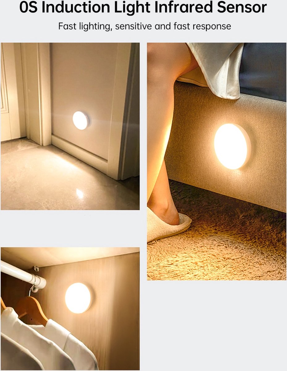 Led verlichting met bewegingssensor Ø8,5 CM Wit Kastverlichting Oplaadbaar Trapverlichting Keukenverlichting