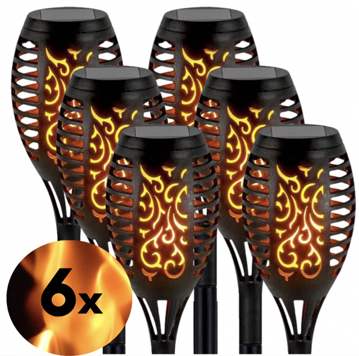 Solar Tuinfakkels zwart 6 stuks 50 cm vlam-effekt tuin en padverlichting buitenverlichting op zonneenergie IP65